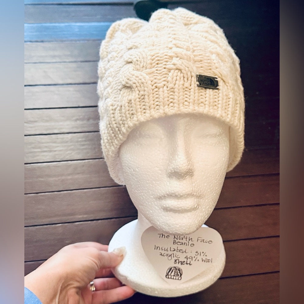 The North Face Ivory Cable Knit Beanie with Wool